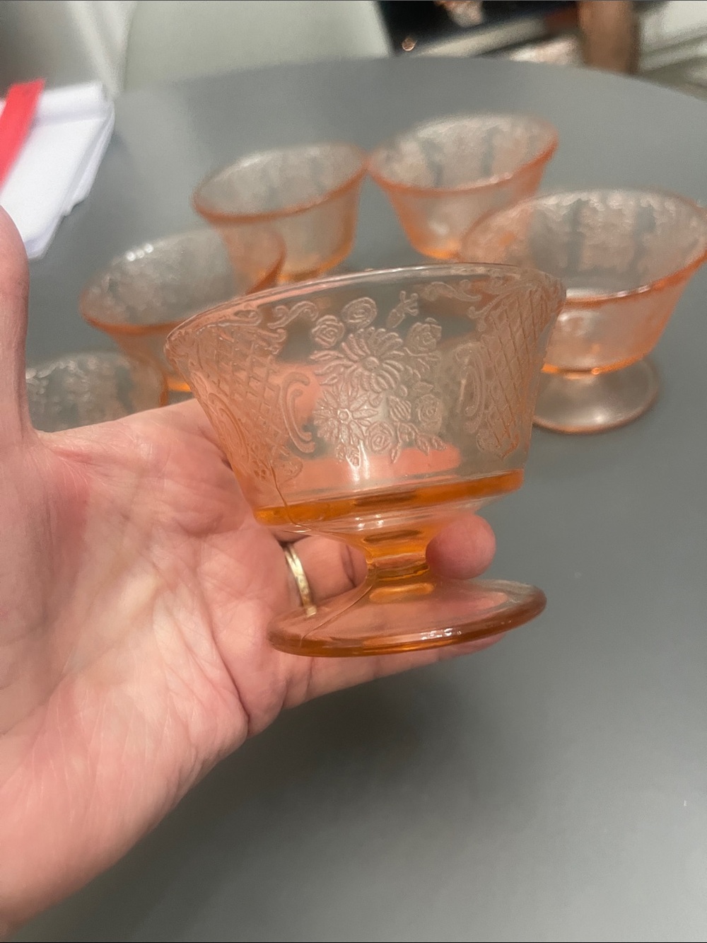 Vtg Pink Depression Glass Sherbet Cups Normandie Bouquet Lattice Set of 6 - Picture 3 of 8